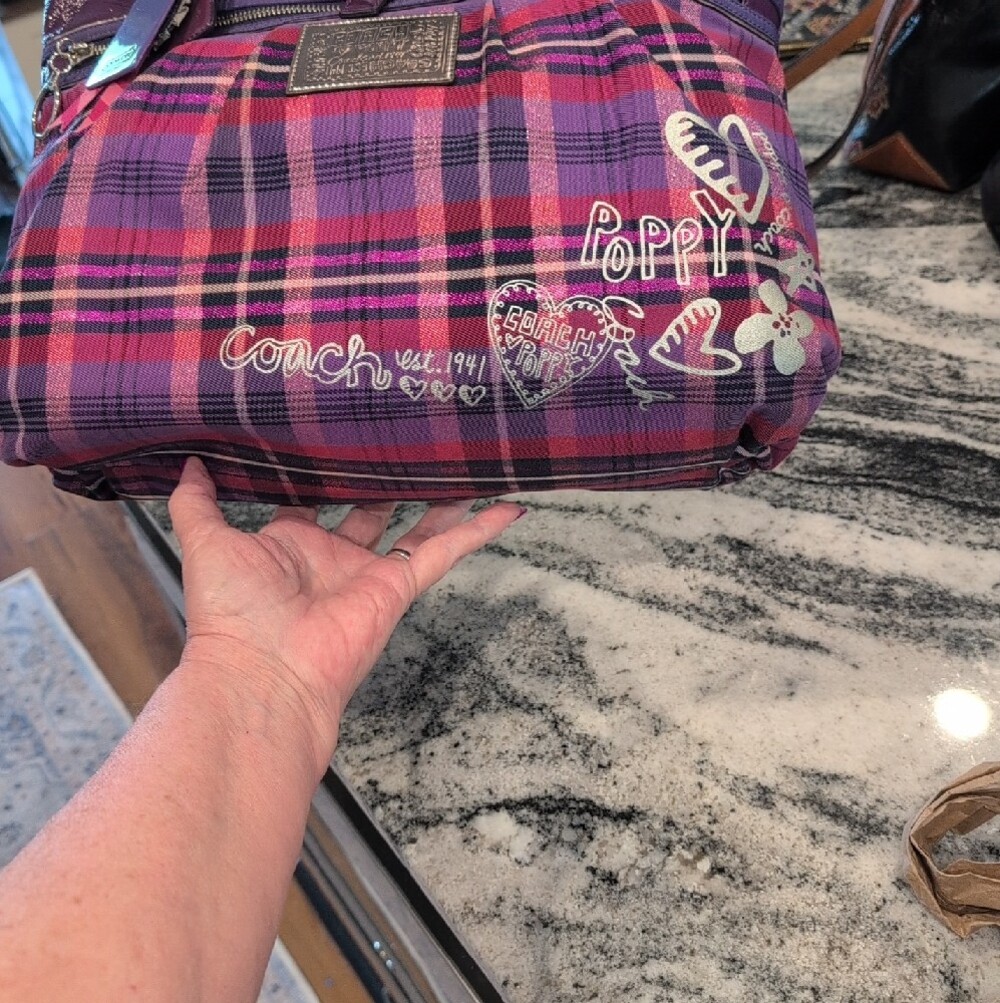 Coach Poppy Large Purple Plaid Tartan Glam Bag w/Matching Wristlet - RARE - Picture 15 of 15